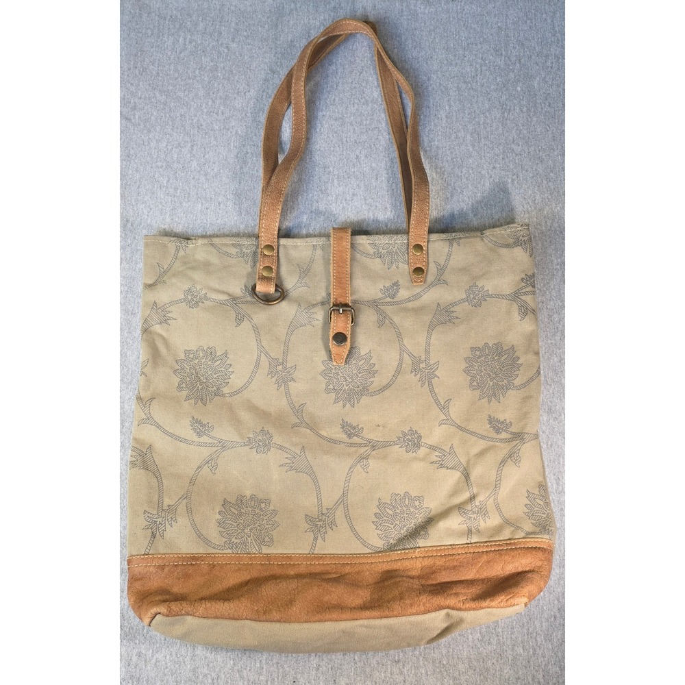Myra Bag Canvas Leather Floral Tote Shoulder Bag Tan Grey S-1397